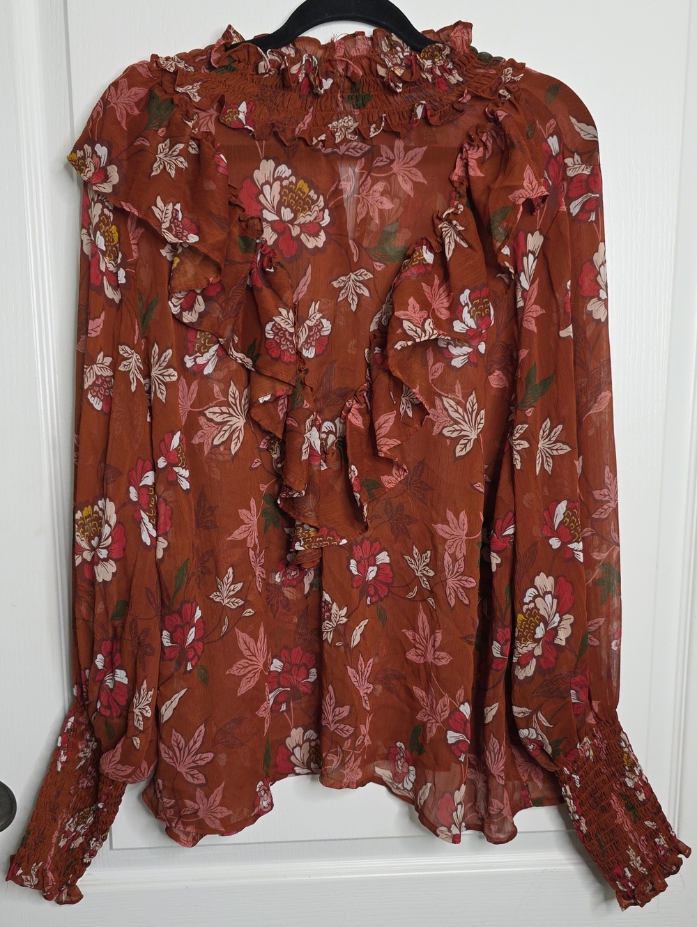 Eloquii Plus Size 24 Rust Floral Top Ruffle Fall Blouse